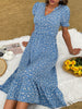 JIM & NORA Elegant Womens Short Puff Sleeve Boho Floral Printed V Neck Corset Blue Casual Ladies Summer Beach Midi Dress Fashion
