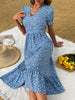 JIM & NORA Elegant Womens Short Puff Sleeve Boho Floral Printed V Neck Corset Blue Casual Ladies Summer Beach Midi Dress Fashion