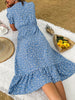 JIM & NORA Elegant Womens Short Puff Sleeve Boho Floral Printed V Neck Corset Blue Casual Ladies Summer Beach Midi Dress Fashion