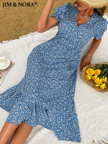 JIM & NORA Elegant Womens Short Puff Sleeve Boho Floral Printed V Neck Corset Blue Casual Ladies Summer Beach Midi Dress Fashion