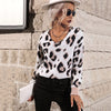 JIM & NORA Leopard Print Tops Women Casual V Neck Long Sleeve Loose Sweater Female Autumn Spring Outdoor Pullover Hot