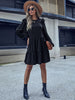 JIM & NORA Women Long Sleeve Round Neck Loose Pleated Mini Dress Casual Soild Folds Black Elegant Dresses Vestidos
