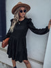 JIM & NORA Women Long Sleeve Round Neck Loose Pleated Mini Dress Casual Soild Folds Black Elegant Dresses Vestidos