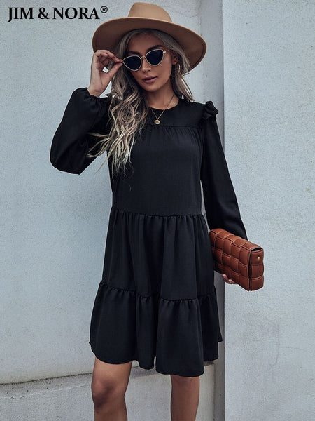 JIM & NORA Women Long Sleeve Round Neck Loose Pleated Mini Dress Casual Soild Folds Black Elegant Dresses Vestidos