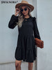 JIM & NORA Women Long Sleeve Round Neck Loose Pleated Mini Dress Casual Soild Folds Black Elegant Dresses Vestidos