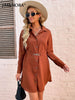 JIM & NORA Women Long Sleeve Soild Colour Mini Dress Autumn Office Polo Collar Shirt Dresses Buttons Loose Vestidos New