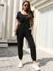 JIM & NORA Women Summer Short Sleeve Crew Neck Elastic Waist T-shirt Long Pant Jogger Jumpsuit Casual Playsuit One Piece