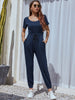 JIM & NORA Women Summer Short Sleeve Crew Neck Elastic Waist T-shirt Long Pant Jogger Jumpsuit Casual Playsuit One Piece