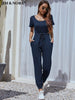 JIM & NORA Women Summer Short Sleeve Crew Neck Elastic Waist T-shirt Long Pant Jogger Jumpsuit Casual Playsuit One Piece