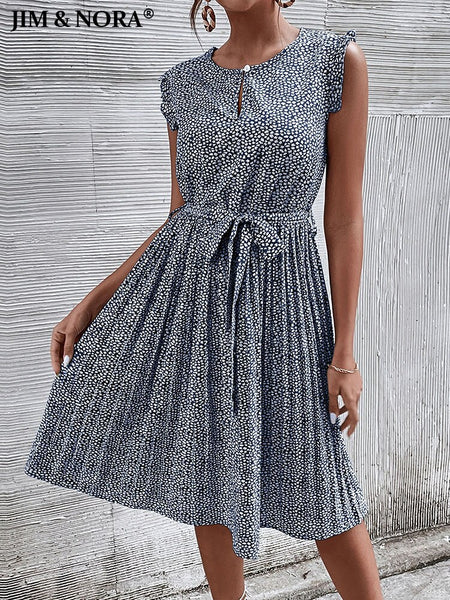 JIM & NORA Floral Print Sleeveless Round Neck Pleated Dress Summer Beach Elastic Waist with Belt Loose Sundress For Women Casual