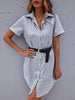 JIM & NORA Formal Women Short Sleeve Stripe Printed Turn-down Collar Buttons Mini Dresses Ladies Casual Work Vestidos