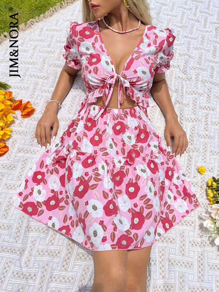 JIM & NORA Sexy Deep V Neck Floral Print Mini Dress Women Short Sleeve Casual Summer Holiday Beach Dresses Vestidos