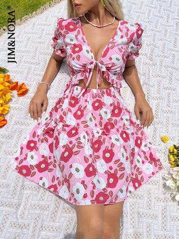 JIM & NORA Sexy Deep V Neck Floral Print Mini Dress Women Short Sleeve Casual Summer Holiday Beach Dresses Vestidos