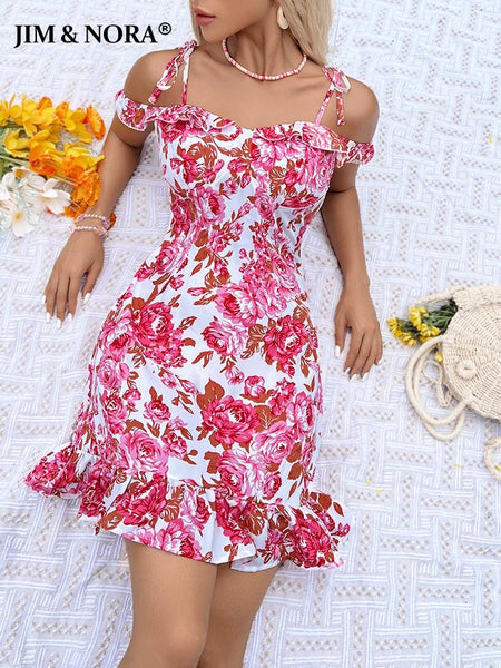 JIM & NORA Ladies Sexy Spaghetti Strap Backless Floral PrintSummer Beach Mini Dress Casual Y2K Sundress Slim Vestidos