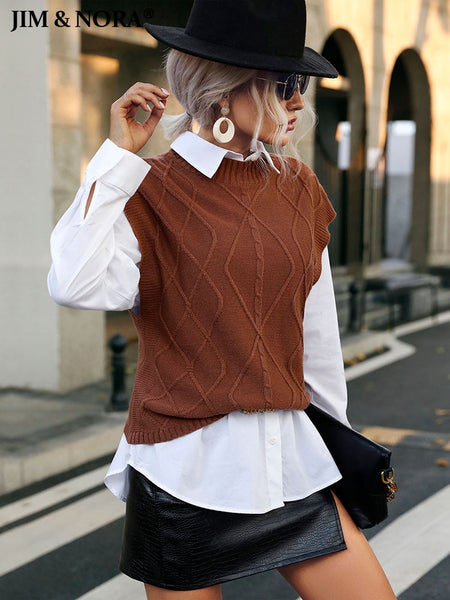 JIM & NORA Casual Tops Women Short Sleeve Loose Sweater Vest Female Round Neck Soild Colour Waistcoat Autumn Spring Hot