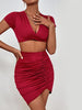 JIM & NORA Ruched Cross Halter Bodycon Sexy Dress Two Piece Set 2023 Short Sleeve Crop Top Mini Wrap Bodycon Skirt Party Suit