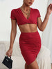 JIM & NORA Ruched Cross Halter Bodycon Sexy Dress Two Piece Set 2023 Short Sleeve Crop Top Mini Wrap Bodycon Skirt Party Suit