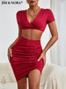 JIM & NORA Ruched Cross Halter Bodycon Sexy Dress Two Piece Set 2023 Short Sleeve Crop Top Mini Wrap Bodycon Skirt Party Suit