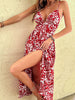 JIM & NORA Sexy Floral Red Women Elegant V Neck Long Maxi Dresses Spaghetti Strap Split Birthday Party Even Backless Dress