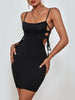 JIM & NORA Sexy Hollow Out Mini Bodycon Dress Summer Party Club Wear Women Outfits Black Spaghetti Drawstring Tank Sundress