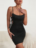 JIM & NORA Sexy Hollow Out Mini Bodycon Dress Summer Party Club Wear Women Outfits Black Spaghetti Drawstring Tank Sundress