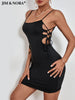 JIM & NORA Sexy Hollow Out Mini Bodycon Dress Summer Party Club Wear Women Outfits Black Spaghetti Drawstring Tank Sundress