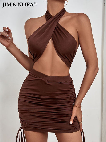 JIM & NORA Sexy Mini Bodycon Skirts Set Women Summer Hollow Out Halter Sleeveless Crop Top Short Women's Party Club Outfit