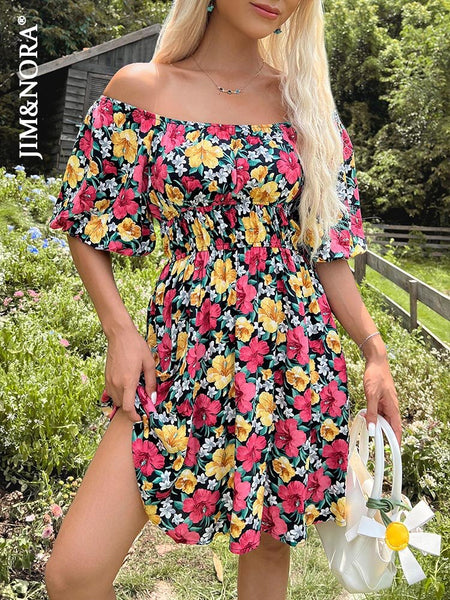 JIM & NORA Sexy Off Shoulder Summer Beach Dress Women Floral Printed Tunic Mini Dresses Casual Holiday Party Picnic Hot
