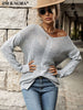 JIM & NORA Sexy Pullover Women V Neck Long Sleeve Hollow Out Breathable Sweater Knit Loose Soild Colour Tops Casual Hot