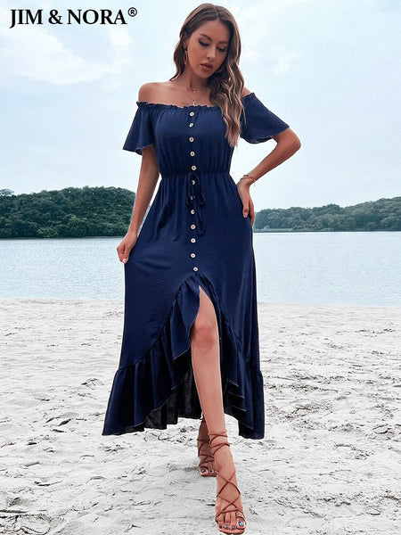 JIM & NORA Sexy Slash Neck Flounced Edge Split Irregularity Hem Short Sleeve Dress Women Soild Colour Summer Beach Maxi Dresses