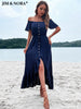 JIM & NORA Sexy Slash Neck Flounced Edge Split Irregularity Hem Short Sleeve Dress Women Soild Colour Summer Beach Maxi Dresses