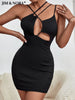 JIM & NORA Sexy Women Black Diagonal Sling Irregular Cut Out Mini Bodycon Dress 2023 Festival Party Night Strapless Outfits