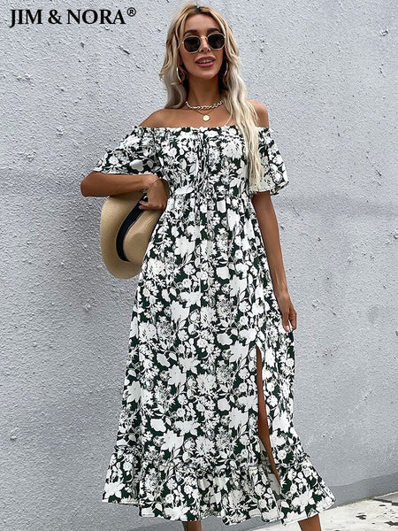 JIM & NORA Sexy Women Short Sleeve Off Shoulder Summer Holiday Beach Sundress Floral Print Split Casual Dress Elegant