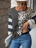 JIM & NORA Stitching Color Striped Leopard Printed Long Sleeve Sweater Round Neck Loose Casual Spring Autumn Pullover FashionTop