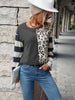 JIM & NORA Stitching Color Striped Leopard Printed Long Sleeve Sweater Round Neck Loose Casual Spring Autumn Pullover FashionTop
