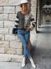 JIM & NORA Stitching Color Striped Leopard Printed Long Sleeve Sweater Round Neck Loose Casual Spring Autumn Pullover FashionTop