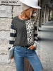 JIM & NORA Stitching Color Striped Leopard Printed Long Sleeve Sweater Round Neck Loose Casual Spring Autumn Pullover FashionTop