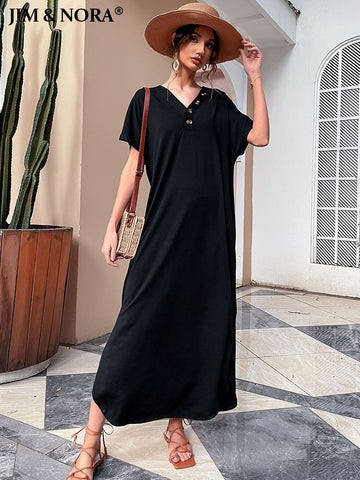 JIM & NORA Summer Casual Loose Short Sleeve V Neck Maxi Dress Women Split Beach Dress Black Long Dresses Sundress Robe