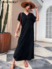 JIM & NORA Summer Casual Loose Short Sleeve V Neck Maxi Dress Women Split Beach Dress Black Long Dresses Sundress Robe