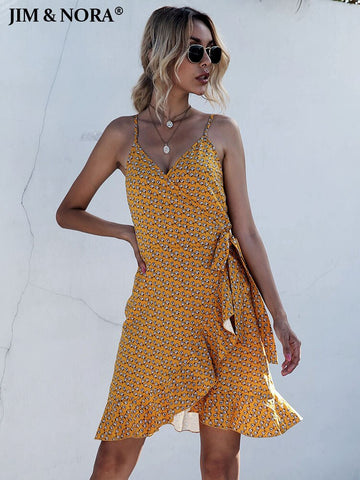 JIM & NORA Summer Sexy Spaghetti Strap Women A-Line Camisole Dress Sweet Elegant Floral Ruffles Chic Flowers Mini Dresses