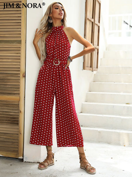 JIM & NORA Summer Wide Leg Jumpsuit Women Sleeveless Halter Neck Loose Casual Rompers Holiday Polka Dots Playsuit