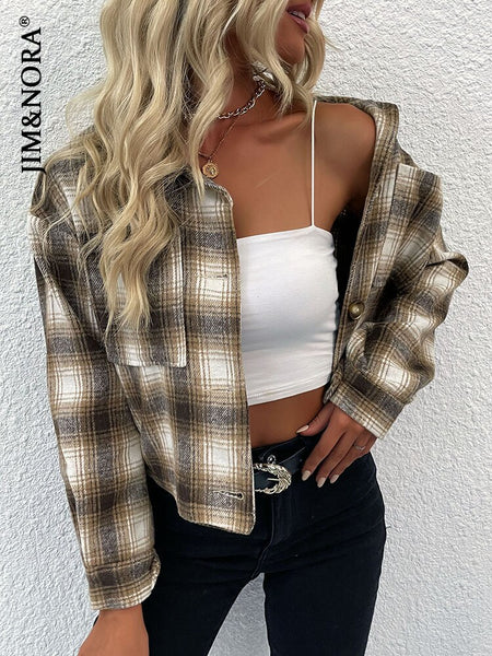 JIM & NORA Thick Plaid Shirts Women Winter Warm Lapel Collar Blouses Tops Casual Shirt Jacket Female Clothes Coat Outwear
