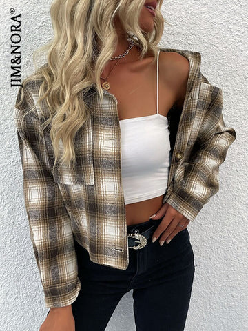 JIM & NORA Thick Plaid Shirts Women Winter Warm Lapel Collar Blouses Tops Casual Shirt Jacket Female Clothes Coat Outwear