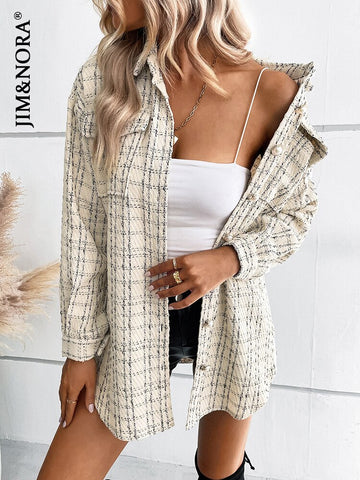 JIM & NORA Thick Plaid Shirts Women Winter Warm Long Loose Blouses Tops Casual Shirt Jacket Female Clothes Coat Outwear Hot