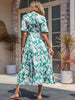 JIM & NORA Vintage Bohemian Short Sleeve V Neck Green Floral Boho Long Dresses Women Holiday Summer Dress A-line Beach Vestidos