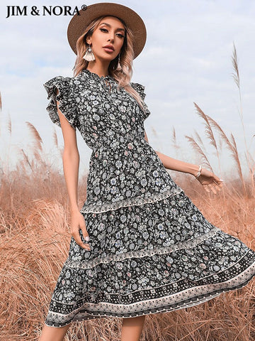 JIM & NORA Vintage Boho Women Short Sleeve V Neck Pleated Midi Dress With Belt Bohemian Retro Floral Print Vestidos Casual