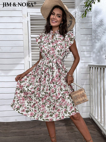 JIM & NORA Vintage Floral Print Boho Summer A Line Dress Women Casual Short Sleeve Elastic Beach Sundress Vestidos Fashion