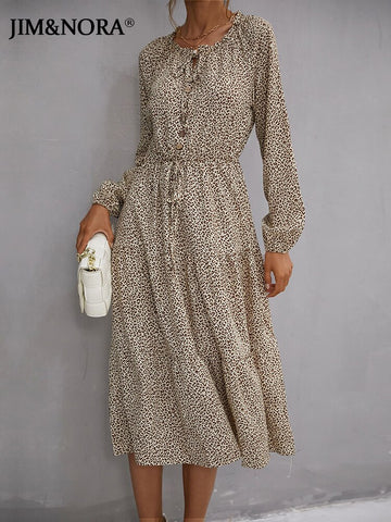JIM & NORA Vintage Women Leopard Print Long Sleeve Round Neck Autumn Midi Dress Casual Ladies Floral Dresses Retro