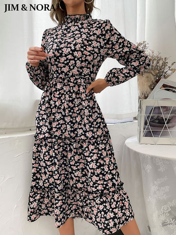 JIM & NORA Vintage Women Long Sleeve Retro Floral Print Mock Neck Pleated Midi Dress Casual 2023 Autumn Folds Tunic Dresses Hot
