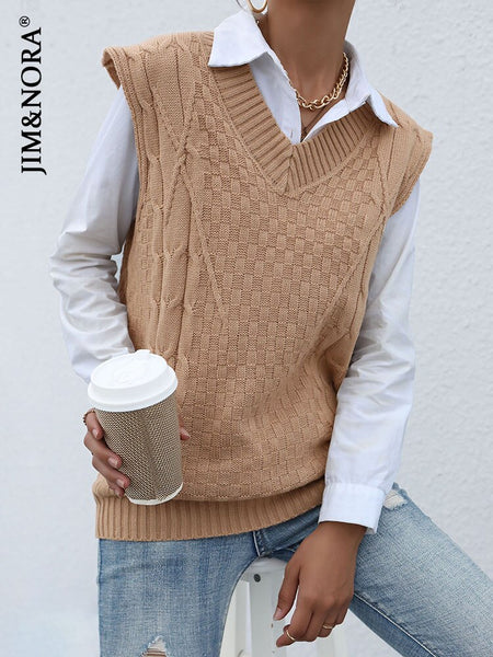 JIM & NORA Women Autumn Knit Sweater Vest Loose Sleeveless Soild Colour V Neck Pullover Tops Casual Oversize Office Wear Fashion